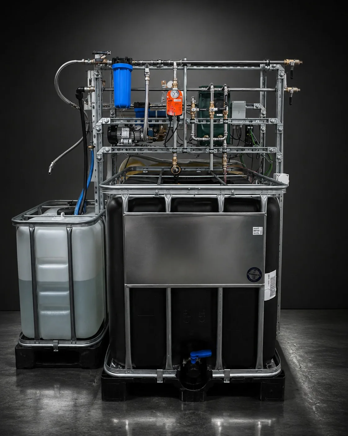 Bewässerungsanlage für den Indoor-Anbau: schwarzer IBC-Tank mit Auslaufhahn, daneben ein transluzenter Düngerbehälter, darüber ein Rahmen mit Feinfilter, Pumpe, Ventilblock, motorisiertem Kugelhahn und Schaltkasten